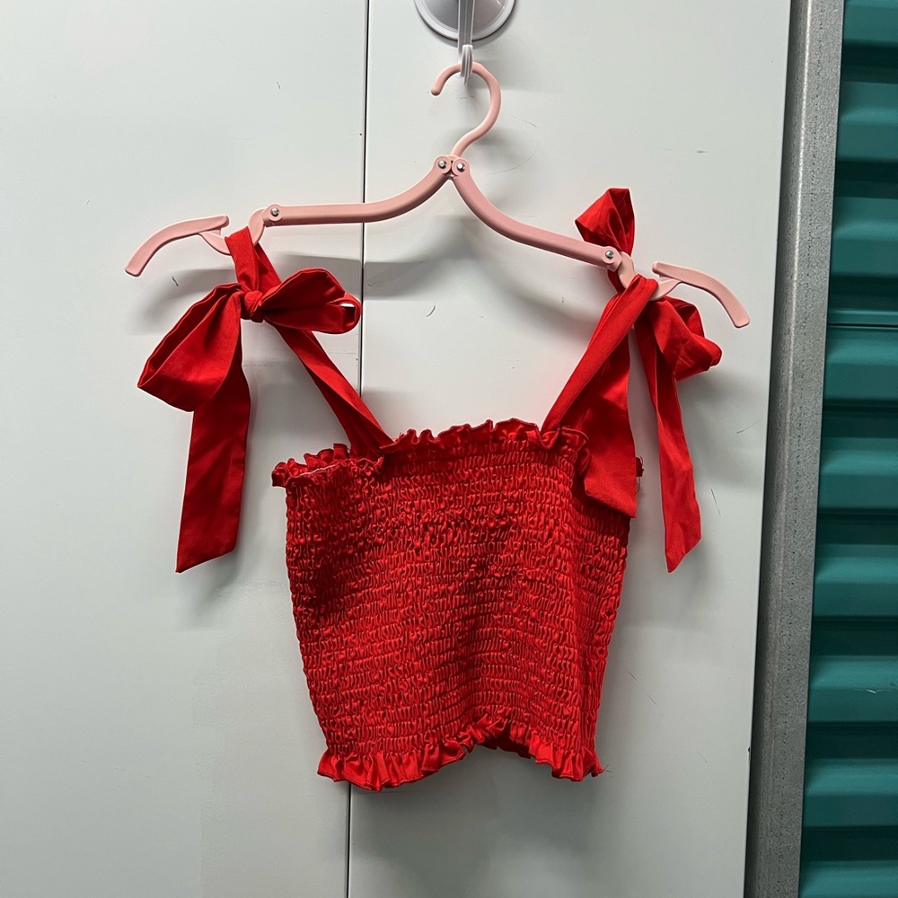 Red Smocked Tie-Shoulder Crop Top -